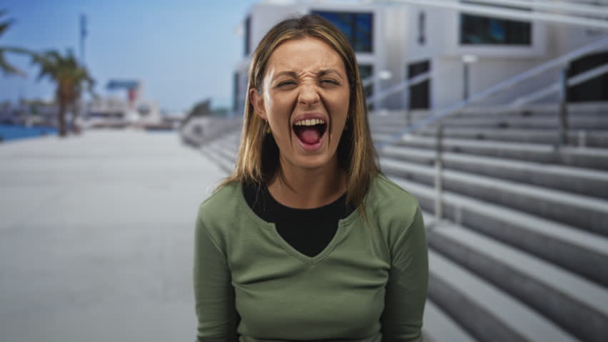 Woman with arms crossed and a grimace at building stairs outdoors by a waterfront promenade; annoyance defiance.