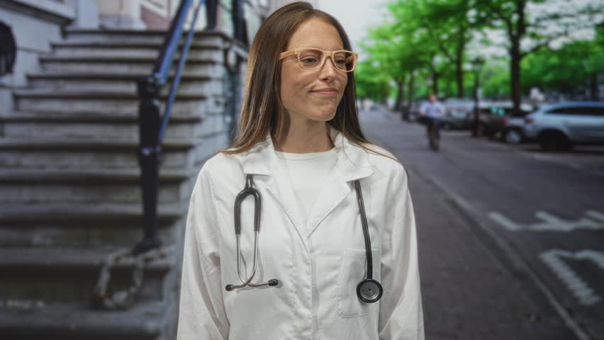 Woman doctor wearing lab coat with stethoscope shrugs shoulders on a city street by stone steps; doubt and humor.