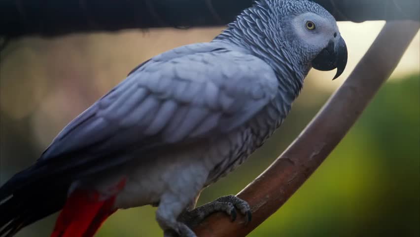 Close-up of a grey parrot perched against a blurred background, highlighting its detailed feathers, expressive eyes, and natural beauty.