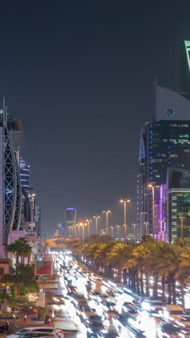 Panoramic aerial night timelapse of Riyadh featuring Kingdom Tower the tallest skyscraper and landmark of Saudi Arabia