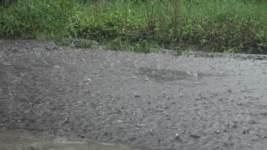 Motorcycle Riding Through Heavy Rain On Wet Road With Splashing Puddles And Green Border