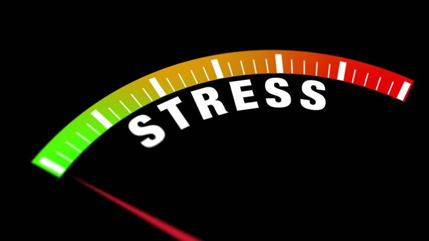 2D Animated Stress gauge meter transitioning from green low to red high, visualizing performance, energy levels, and health measurement indicators.