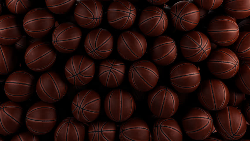 3D animation of dirty, used basketballs falling to fill the screen. Gritty sports equipment transition with alpha channel.