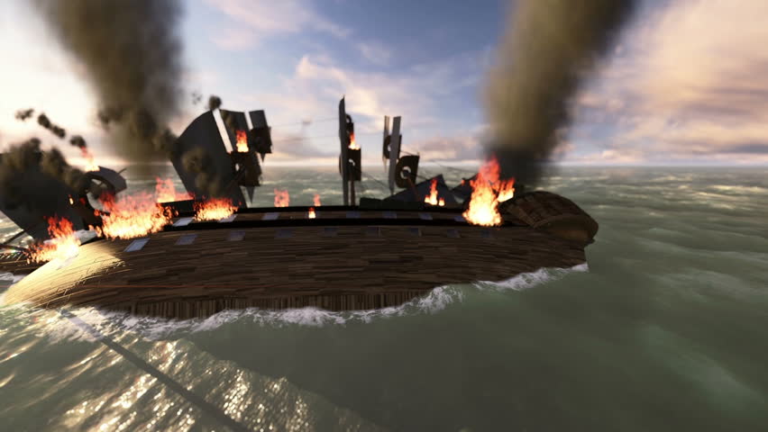 Caravel on fire in the middle of ocean