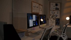 Empty modern office at night with computer monitors displaying financial data charts and graphs. Professional workspace for business analytics - Powered by Shutterstock - Get 15% off with code: PIKWIZARD15