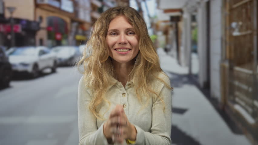 Image shows woman with flowing hair smiling on a street, offering a blonde portrait set in an urban backdrop capturing a young outdoors atmosphere in the city.