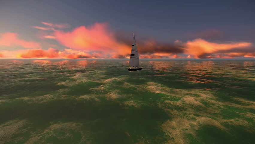 Camera around a sailboat on the ocean with a beautiful sunset
