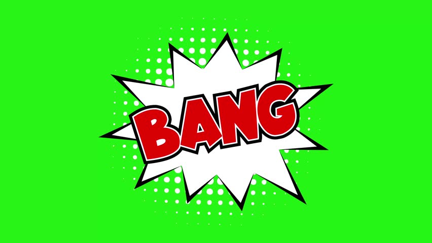 Bang comic text label animation isolated on green screen background