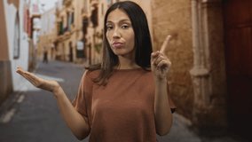 Woman brunette with raised index finger and open palm in old town street pointing and presenting a gesture; skeptical doubt. - Powered by Shutterstock - Get 15% off with code: PIKWIZARD15