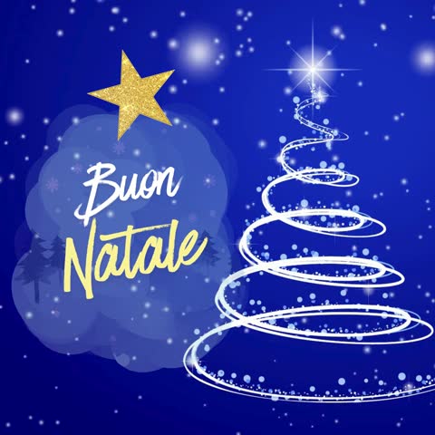 Biglietto di auguri di Buon Natale animato, minimalista, elegante, blu navy, con cappello di Babbo Natale, decorazione natalizia dorata | Italian christmas greetings