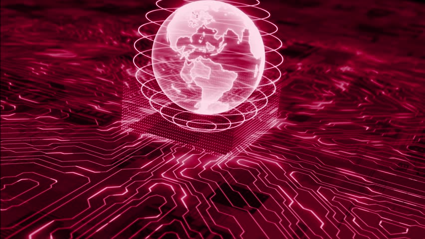 Animated Magenta red color rotating hi tech hologram globe with motherboard chip big data hi tech design loop able dark technology background 