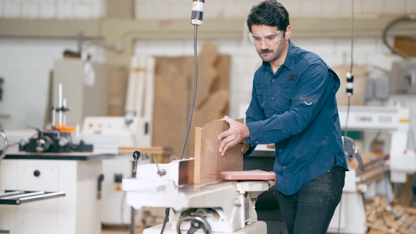 Focused woodworker using a jointer machine to smooth and flatten a wooden plank. Male artisan crafting furniture in his carpentry workshop