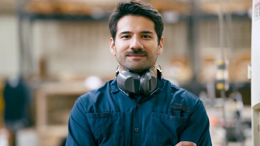 Portrait of a confident and handsome male carpenter with a mustache, smiling at the camera in his woodworking shop with arms crossed