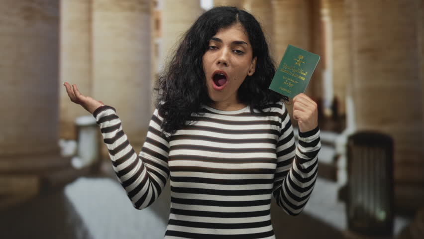 Woman holds passport, mouth open yawning inside an old building with stone columns and cobbled street visible; tiredness.