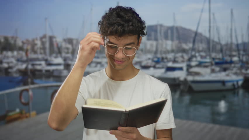Young hispanic man wearing glasses holds an open book and points finger to text while reading on a wooden port dock; curiosity.