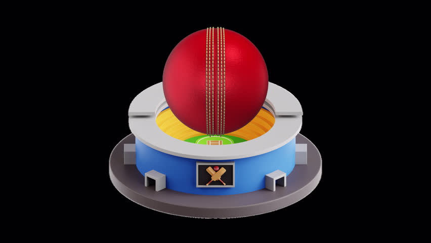 Cricket stadium icon animation featuring a 3D stadium and cricket ball. Smooth 5 second motion with transparent background, ideal for sports videos, apps, broadcasts, promos, and match intros.