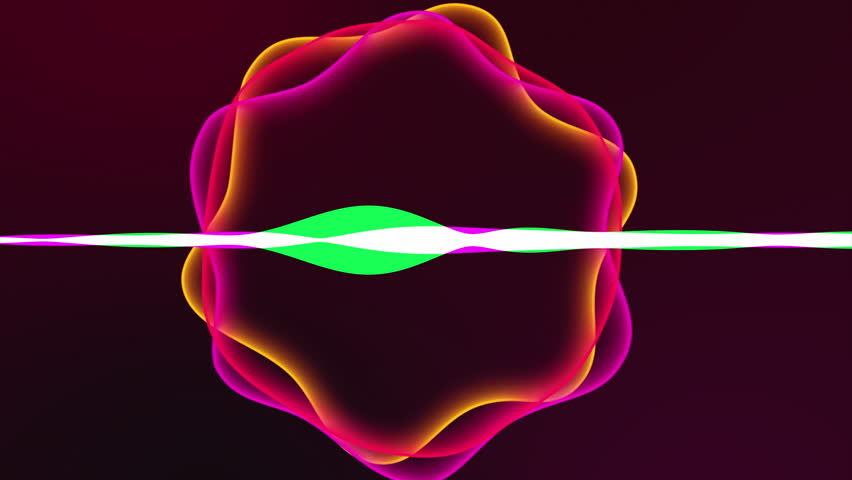 Dynamic audiovisual background with pink white and green audio waveform in center and layered wavy circular visualizer forms behind it reacting to rhythm
