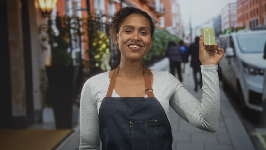 Woman holding a small green soap block in her hand on a city street wearing apron and smiling; friendly small business.