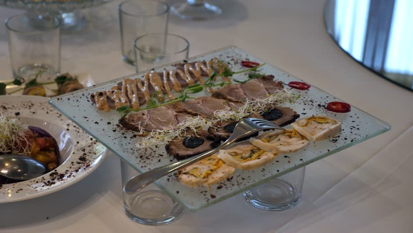 beautifully decorated banquet table with appetizers canapes. buffet for the holiday
