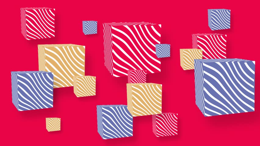 A bold abstract geometric pattern featuring floating cubes with striped textures in blue, yellow, and white on a vibrant red background Perfect for modern motion backgrounds, and creative design projects
