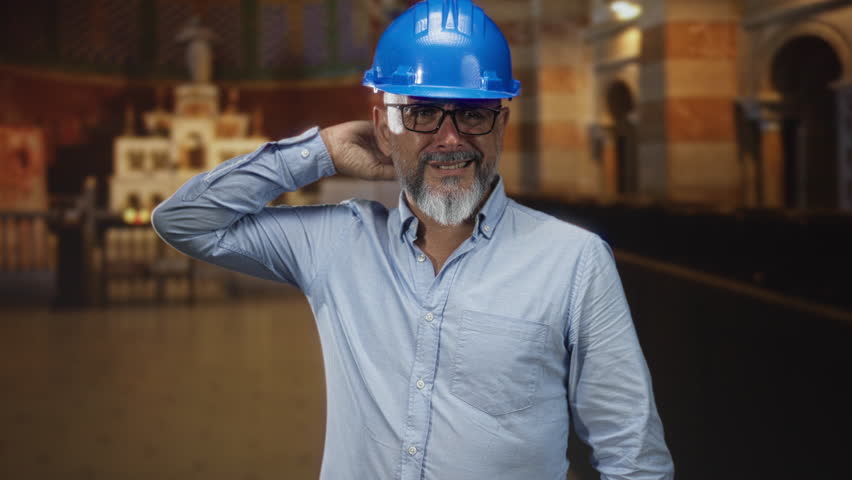 Man touching neck while wearing blue hardhat and glasses inside historic church building with altar visible; design planning calm reflection.