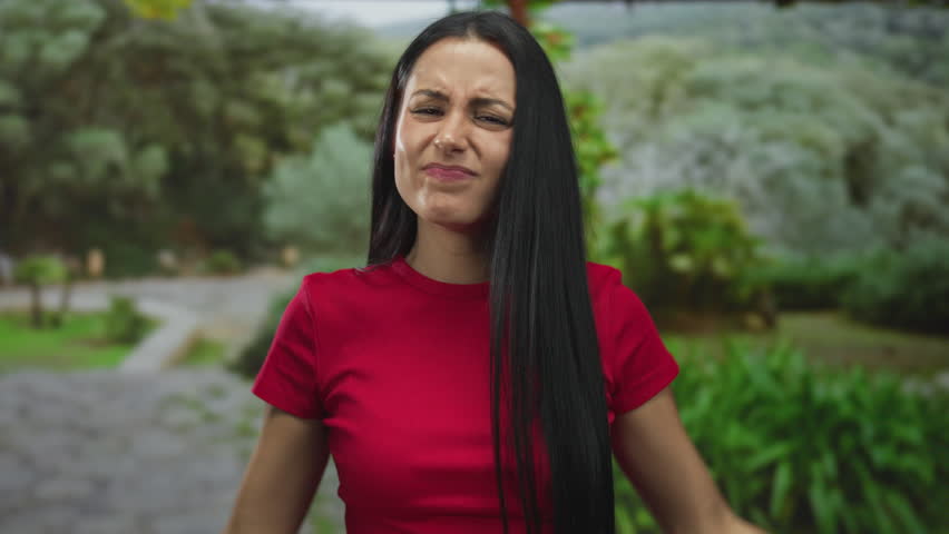 Woman in red shirt expressing frustration at a park with lush green trees outdoors in a serene natural landscape environment.