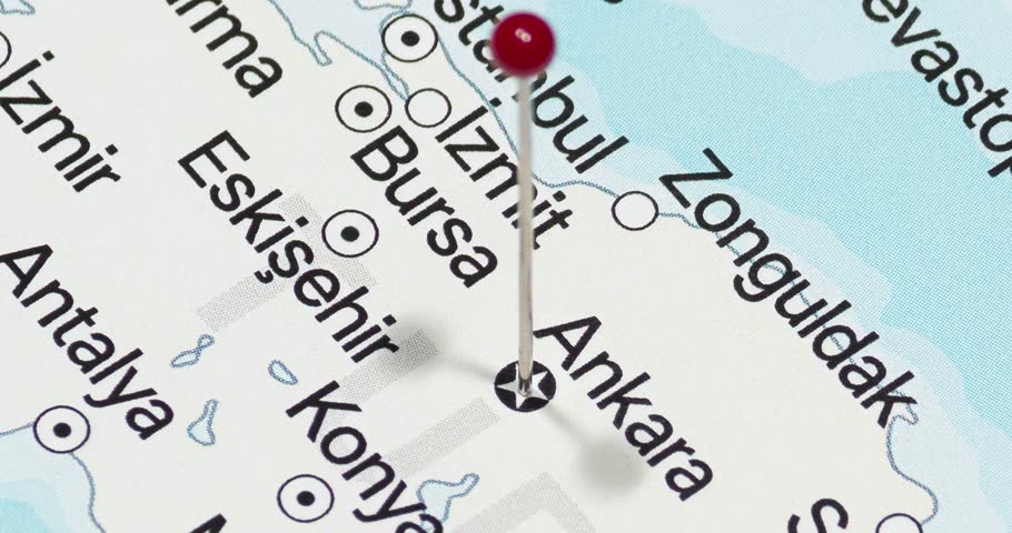 A zoom out of a red pin into Ankara city of Turkey political map