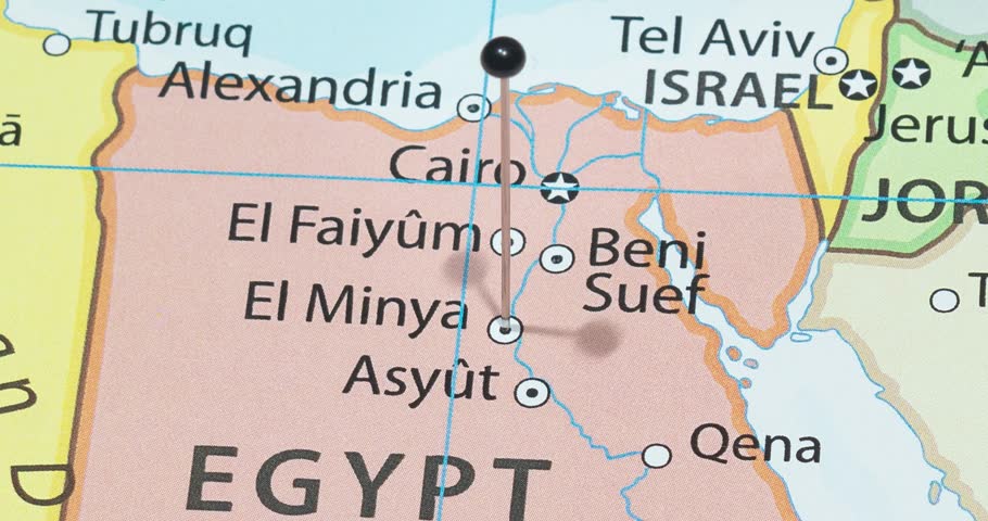 A zoom out of a black pin into minya city of egypt political map