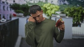 Man young hispanic holding a mango in his right hand while touching his chin with his left hand on a street near potted plants and a fence; contemplative solitude. - Powered by Shutterstock - Get 15% off with code: PIKWIZARD15