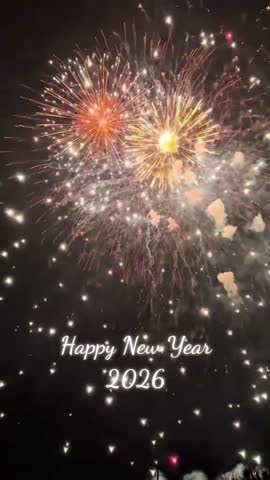 Colorful Happy New Year 2026 fireworks display exploding over a dark river with water reflections.