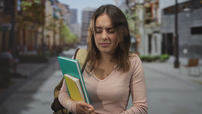 Woman clutching notebooks and backpack on a city street, holding books to chest and frowning; anxiety student pressure.