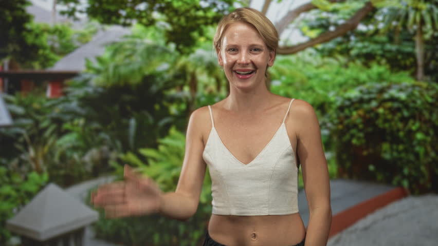 Woman blond covers one eye with right hand, smiling and laughing in front of building garden pathway; playful peekaboo.