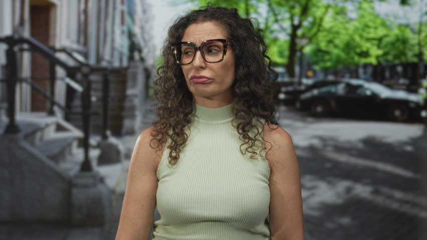 Woman wearing glasses and green tank top pouts lips on city street lined with leafy trees and parked cars; annoyance.