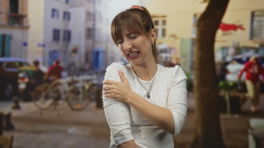 Woman clutching her shoulder with a pained grimace on a busy street with parked cars and bicycles near a tree; pain recovery.