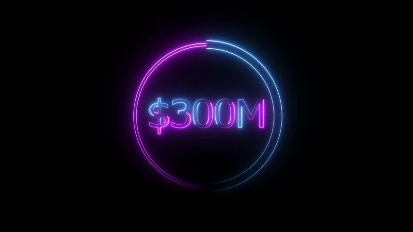 $300 Millions Glowing neon line Letter Icon animation. $300M achievement for business Work, 300M followers and subscribers on black background animation.