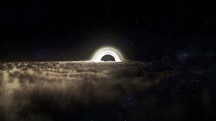 Dramatic detailed growing view of a glowing black hole in outer space, with glowing accretion disk and warped light against a star filled cosmic background. 14994