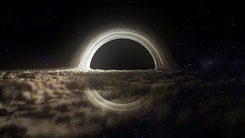 Dramatic detailed growing view of a glowing black hole in outer space, with glowing accretion disk and warped light against a star filled cosmic background. 14994
