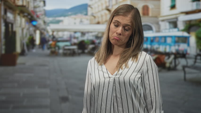 Young blonde woman changes expression from smile to frown in a busy street wearing a striped blouse and relaxed posture; emotional shift sadness.