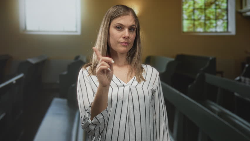Young blonde woman in striped blouse pointing finger toward wooden pews inside church building; reverence.
