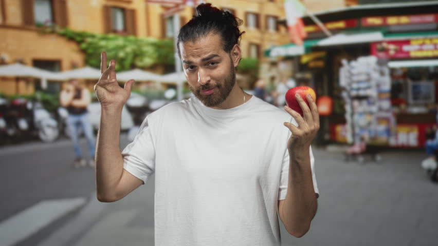 Man holding red apple while raising his left hand in greeting on a busy city street plaza; playful curiosity.