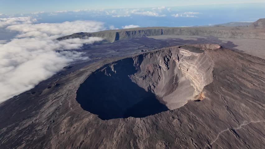 Main Crater of Pic de la Fournaise, an active volcano in Réunion Island, a French overseas department and region, in the Indian Ocean.