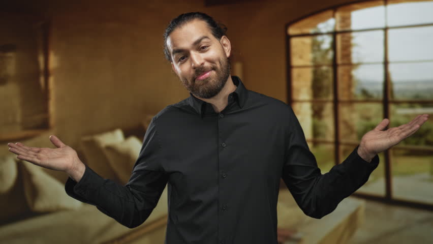 Bearded man in a black shirt shrugs with palms up and open hands inside a living room building;bemused acceptance.
