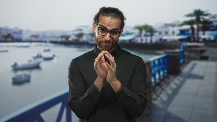 Man claps hands on seaside promenade street while peering at palms and wearing glasses and black shirt; quiet contemplation.