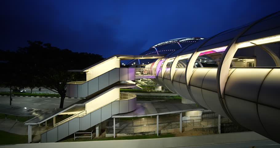 Singapore National Stadium Blue Hour View from Pedestrian Bridge Above City Road, 4K