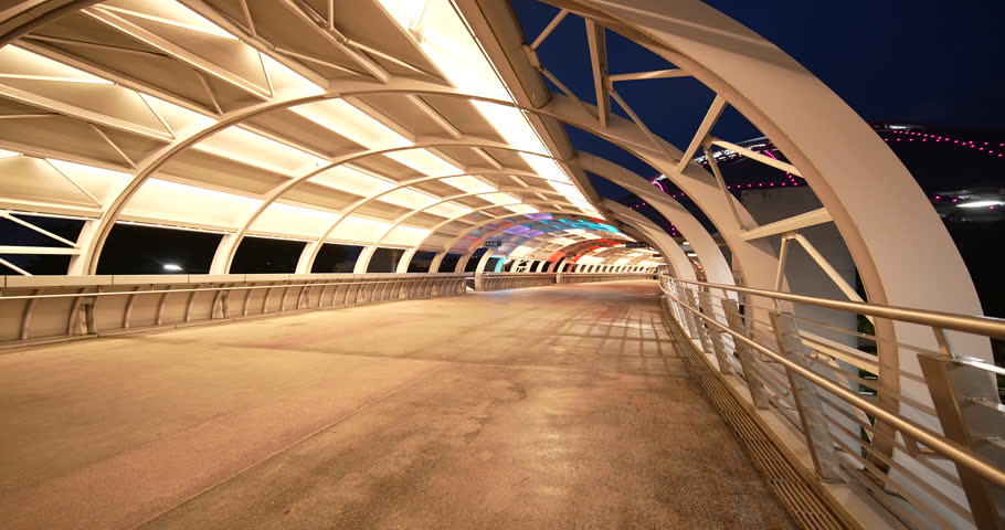 Walking Through Covered Pedestrian Overpass Corridor with Leading Lines, Singapore, 4K