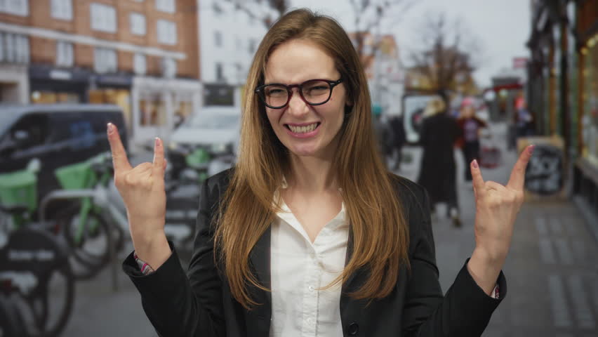 Young caucasian woman wearing glasses and a black jacket makes rock horns gesture on street; youthful excitement.