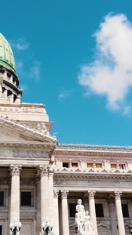 Close up Vertical National Congress of Argentina in Buenos Aires City over blue skyline, building details