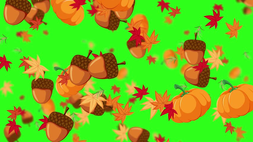 Looping autumn elements gently falling with parallax motion over bright chroma key green background