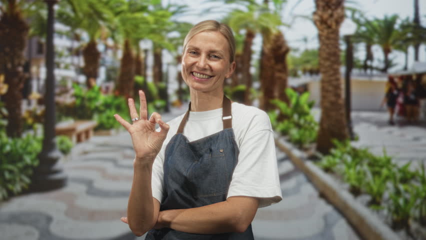 Woman in denim apron and white tshirt makes ok sign with hand while smiling on a palm lined street promenade; friendly confidence.