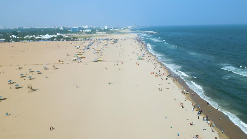 Aerial view of Marina Beach, This a natural urban beach in Chennai, Tamil Nadu, India,